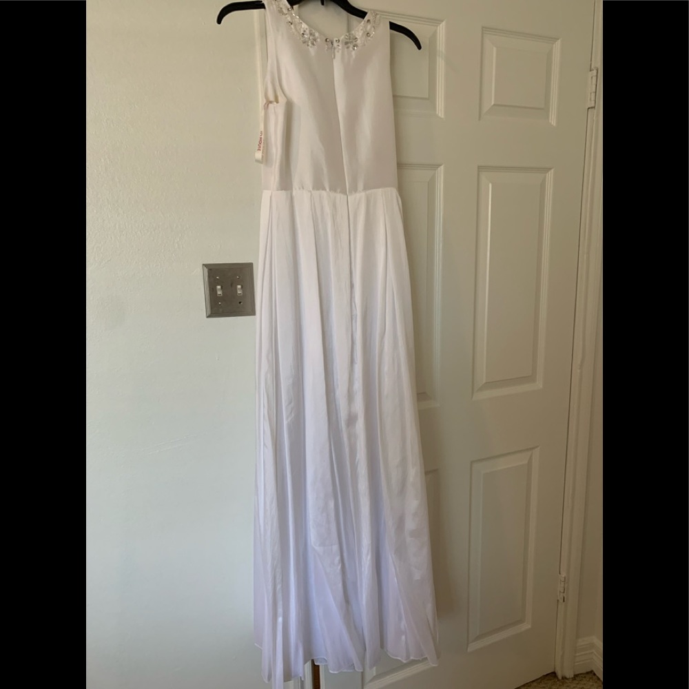Floor length wedding dress with rhinestone neckline